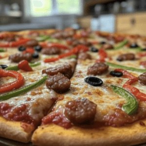 Pizza Orientale de Pizza Mania à Saint-Yrieix-la-Perche avec merguez, poivrons, olives et fromage fondant.