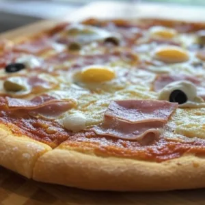 Pizza Pizzaïolo de Pizza Mania à Saint-Yrieix-la-Perche avec jambon, œuf, crème fraîche, olives et fromage fondant.