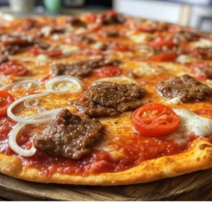 Pizza Kebab de Pizza Mania à Saint-Yrieix-la-Perche avec viande kebab, tomates, oignons, fromage et sauce kebab.
