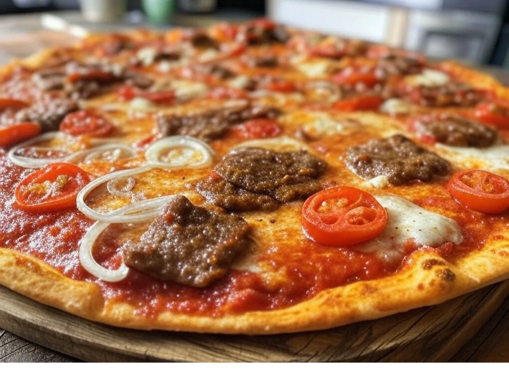 Pizza Kebab de Pizza Mania à Saint-Yrieix-la-Perche avec viande kebab, tomates, oignons, fromage et sauce kebab.