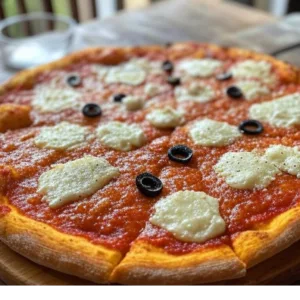 Pizza Chèvre de Pizza Mania à Saint-Yrieix-la-Perche avec fromage de chèvre, herbes de Provence, olives et fromage fondant.