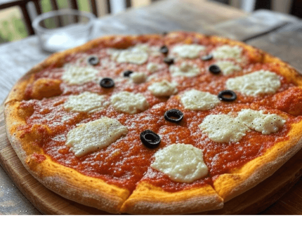 Pizza Chèvre de Pizza Mania à Saint-Yrieix-la-Perche avec fromage de chèvre, herbes de Provence, olives et fromage fondant.