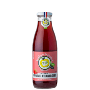 Jus de pomme et framboise bio Famille Teulet local disponible chez Pizza Mania à Saint-Yrieix-la-Perche en bouteille de 25cl.