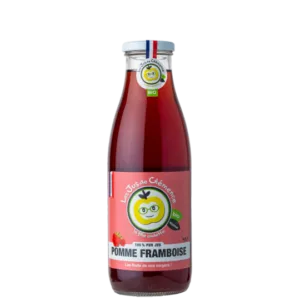 Jus de pomme et framboise bio Famille Teulet local disponible chez Pizza Mania à Saint-Yrieix-la-Perche en bouteille de 25cl.