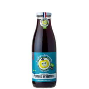 Jus de pomme et myrtille bio Famille Teulet local disponible chez Pizza Mania à Saint-Yrieix-la-Perche en bouteille de 25cl.