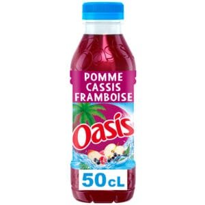 Oasis Pomme Cassis Framboise disponible chez Pizza Mania à Saint-Yrieix-la-Perche en bouteille de 50cl.