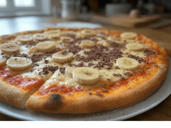 Pizza Banana de Pizza Mania à Saint-Yrieix-la-Perche, avec banane, chocolat, crème et sucre.