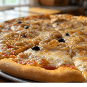 Pizza Blanche de Pizza Mania à Saint-Yrieix-la-Perche avec lardons, oignons, fromage fondu, olives et base crème fraîche.