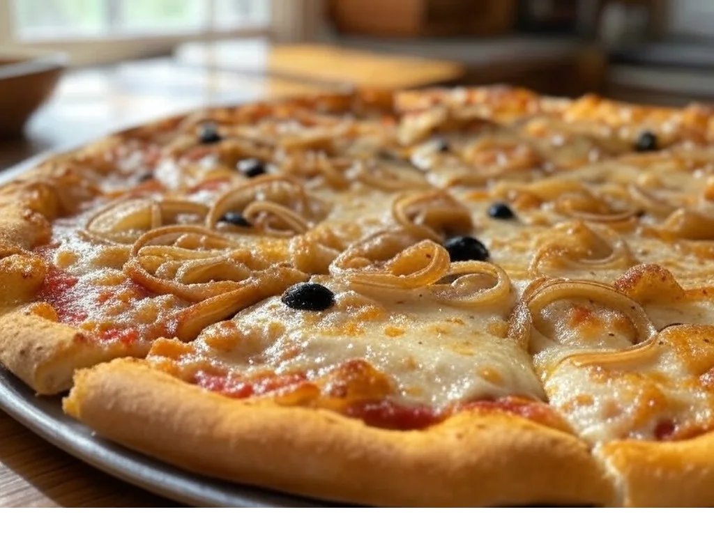 Pizza Blanche de Pizza Mania à Saint-Yrieix-la-Perche avec lardons, oignons, fromage fondu, olives et base crème fraîche.