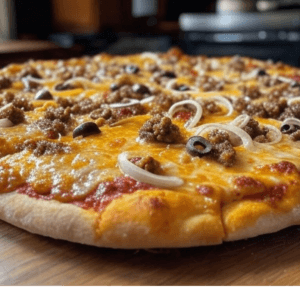 La Burger, une pizza gourmande avec viande hachée de bœuf, cheddar et base barbecue chez Pizza Mania à Saint-Yrieix-la-Perche.