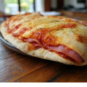 Pizza Calzone de Pizza Mania à Saint-Yrieix-la-Perche avec jambon, œuf, crème fraîche et fromage fondant.