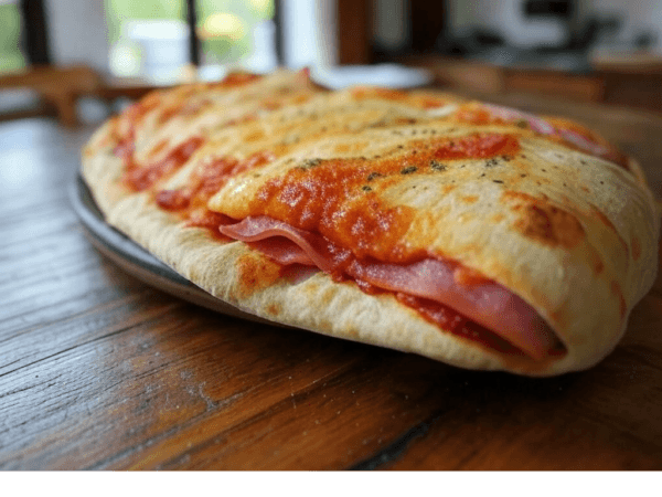 Pizza Calzone de Pizza Mania à Saint-Yrieix-la-Perche avec jambon, œuf, crème fraîche et fromage fondant.