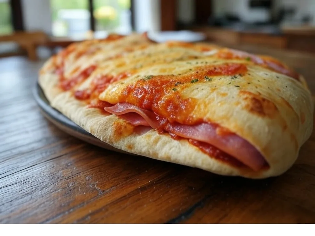 Pizza Calzone de Pizza Mania à Saint-Yrieix-la-Perche avec jambon, œuf, crème fraîche et fromage fondant.