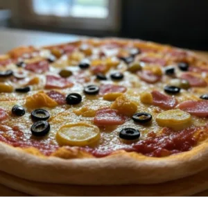 Pizza Campagnarde de Pizza Mania à Saint-Yrieix-la-Perche avec lardons, pommes de terre, persillade, crème fraîche, olives et fromage fondant.
