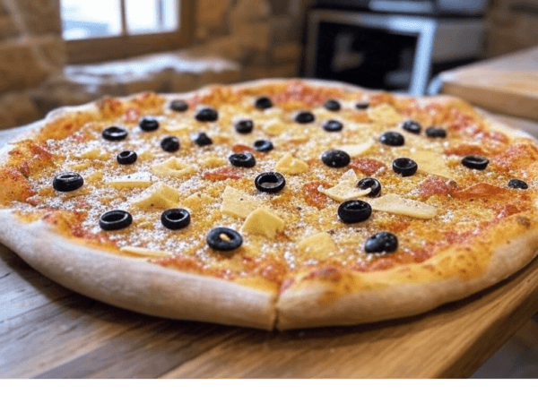 La Camembert, une pizza crémeuse avec lardons, olives et fromage rustique chez Pizza Mania à Saint-Yrieix-la-Perche.