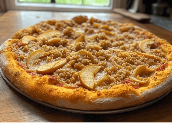 Pizza Crumble de Pizza Mania à Saint-Yrieix-la-Perche avec compote de pomme bio, pommes locales cuites au four, crumble maison et sucre.