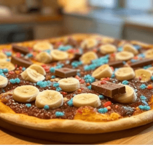 Pizza Ronan de Pizza Mania à Saint-Yrieix-la-Perche avec Nutella, banane, perles de sucre colorées et morceaux de Bueno ou Kit Kat.