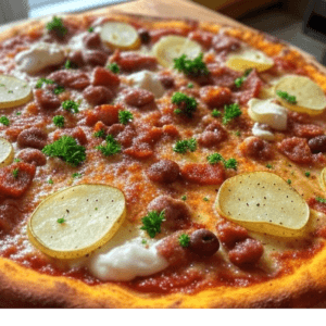 Pizza Gésier de Pizza Mania à Saint-Yrieix-la-Perche avec gésiers, pommes de terre, lardons, persillade, crème fraîche, olives et fromage fondant.