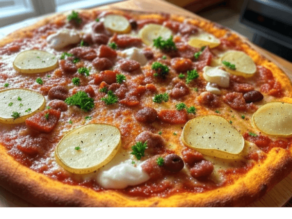 Pizza Gésier de Pizza Mania à Saint-Yrieix-la-Perche avec gésiers, pommes de terre, lardons, persillade, crème fraîche, olives et fromage fondant.