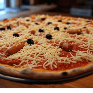 La Knacki, une pizza gourmande avec knackis, olives, fromage et sauce au choix chez Pizza Mania à Saint-Yrieix-la-Perche.