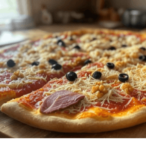Pizza Magret de Pizza Mania à Saint-Yrieix-la-Perche avec magret de canard, pruneaux, noix, olives et fromage fondant.