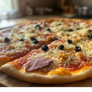 Pizza Magret de Pizza Mania à Saint-Yrieix-la-Perche avec magret de canard, pruneaux, noix, olives et fromage fondant.