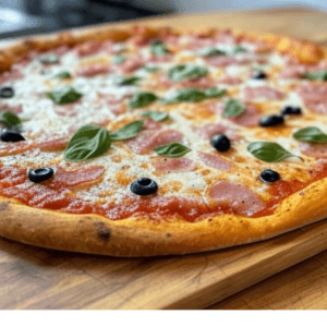 Pizza Mamamia de Pizza Mania à Saint-Yrieix-la-Perche avec jambon de pays, mozzarella, basilic, olives et fromage fondant.