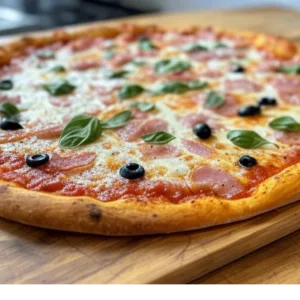 Pizza Mamamia de Pizza Mania à Saint-Yrieix-la-Perche avec jambon de pays, mozzarella, basilic, olives et fromage fondant.