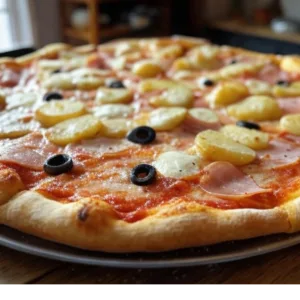 Pizza Maroilles de Pizza Mania à Saint-Yrieix-la-Perche avec maroilles, pommes de terre, jambon, crème fraîche, olives et fromage fondant.