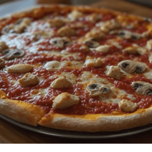 Pizza Poulet de Pizza Mania à Saint-Yrieix-la-Perche avec poulet, champignons, crème fraîche et fromage fondant.