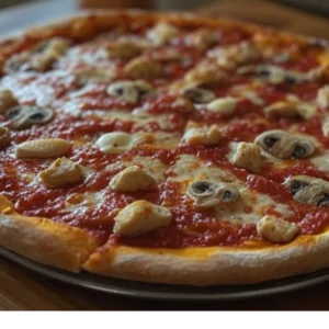 Pizza Poulet de Pizza Mania à Saint-Yrieix-la-Perche avec poulet, champignons, crème fraîche et fromage fondant.
