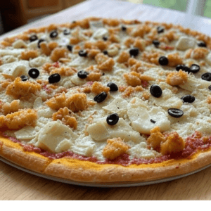 La Poulet Curry, une pizza exotique avec poulet mariné, lait de coco, olives et fromage chez Pizza Mania à Saint-Yrieix-la-Perche.