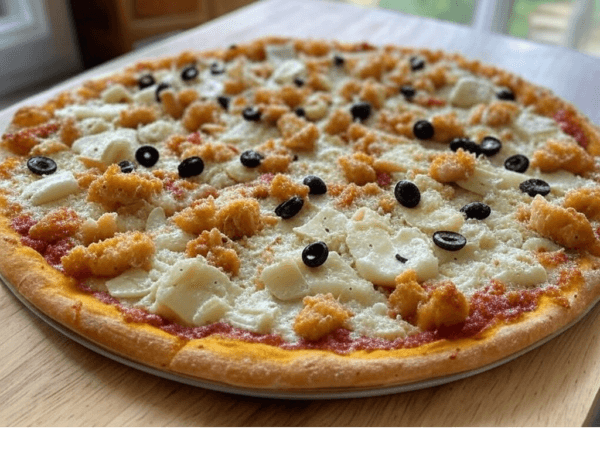 La Poulet Curry, une pizza exotique avec poulet mariné, lait de coco, olives et fromage chez Pizza Mania à Saint-Yrieix-la-Perche.