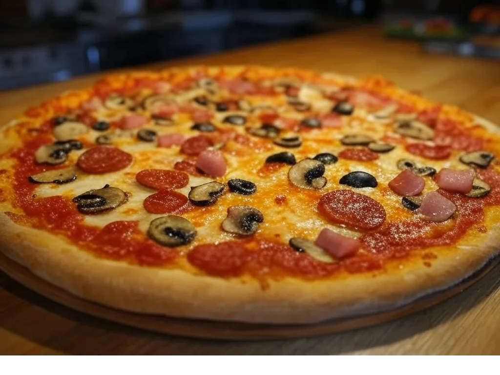 Pizza Réale de Pizza Mania à Saint-Yrieix-la-Perche avec jambon, chorizo, champignons, olives et fromage fondant.