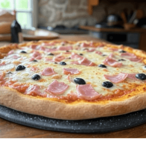 Pizza Tartiflette de Pizza Mania à Saint-Yrieix-la-Perche avec pommes de terre, jambon de pays, raclette, olives et fromage fondant.