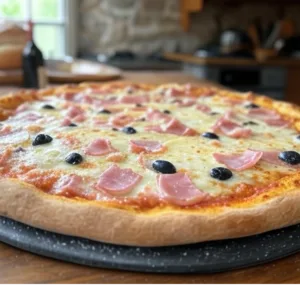 Pizza Tartiflette de Pizza Mania à Saint-Yrieix-la-Perche avec pommes de terre, jambon de pays, raclette, olives et fromage fondant.
