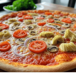 Pizza Végétarienne de Pizza Mania à Saint-Yrieix-la-Perche avec champignons, poivrons, tomates, artichauts, olives et fromage fondant.