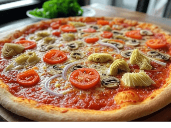 Pizza Végétarienne de Pizza Mania à Saint-Yrieix-la-Perche avec champignons, poivrons, tomates, artichauts, olives et fromage fondant.