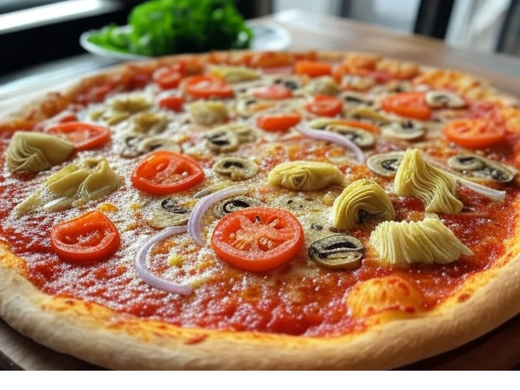 Pizza Végétarienne de Pizza Mania à Saint-Yrieix-la-Perche avec champignons, poivrons, tomates, artichauts, olives et fromage fondant.