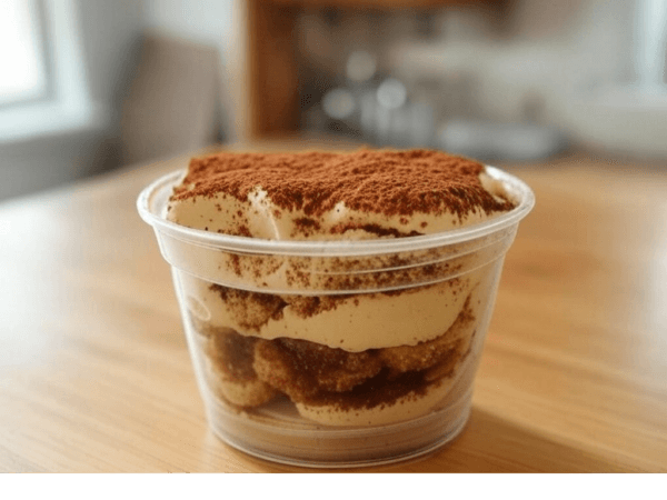 Tiramisu de Pizza Mania à Saint-Yrieix-la-Perche, composé de biscuits imbibés de café, mousse au mascarpone et cacao.