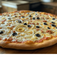 Savourez 'La pizza du mois' chez Pizza Mania à Saint-Yrieix : base moutarde, oignons, olives, fromage fondant et andouillettes gourmandes.