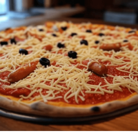 La Knacki chez Pizza Mania à Saint-Yrieix-la-Perche - une pizza savoureuse avec knackis, olives et fromage, accompagnée de la sauce de votre choix.