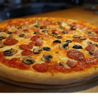 Pizza Réale de Pizza Mania à Saint-Yrieix-la-Perche - une pizza pleine de caractère avec jambon, chorizo et champignons.